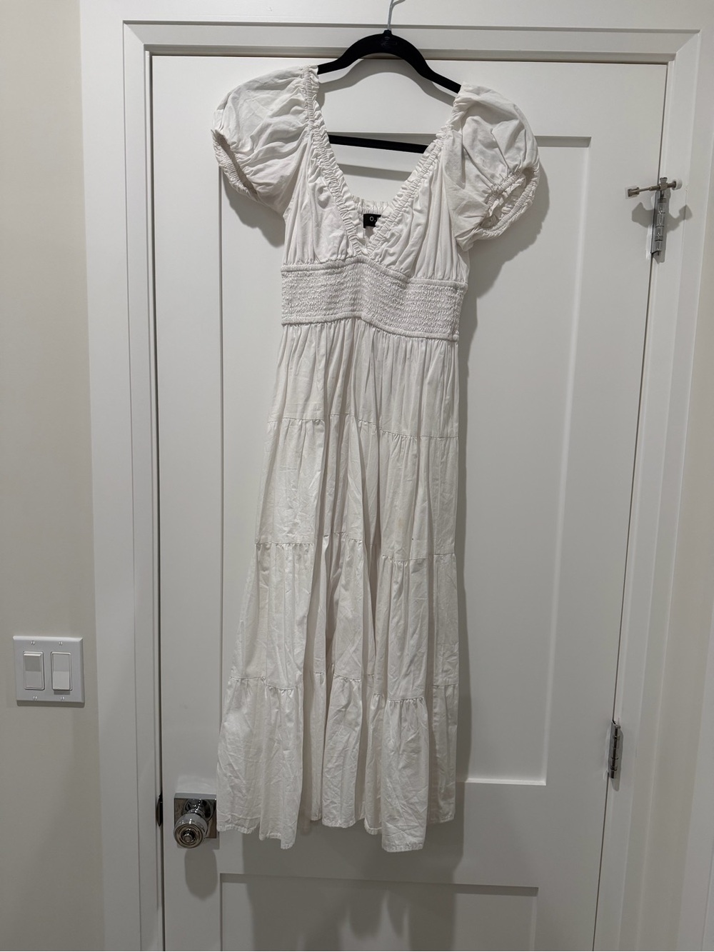OPT White Puff-Sleeve Smocked Maxi Dress